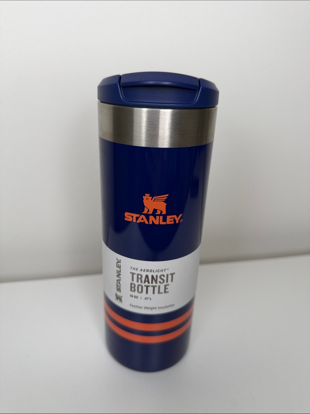 Stanley Blue Travel Bottle with Orange Logo